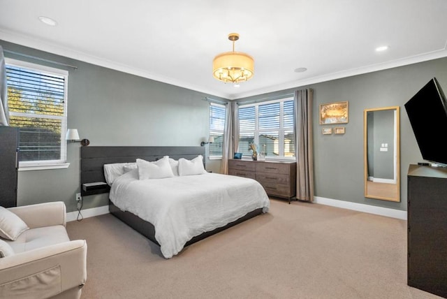 bedroom with light carpet and crown molding