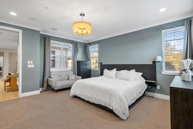 carpeted bedroom featuring crown molding