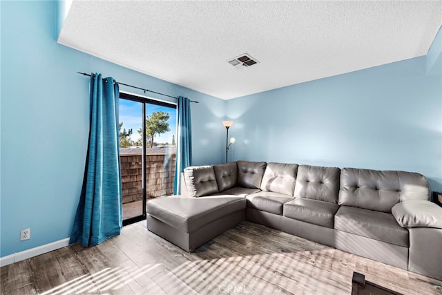 living room featuring hardwood / wood-style floors and a textured ceiling