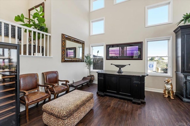 sitting room with dark hardwood / wood-style floors and a high ceiling