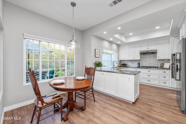 kitchen with tasteful backsplash, hanging light fixtures, light wood-type flooring, stainless steel appliances, and white cabinets