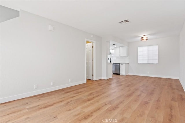 unfurnished living room featuring sink and light hardwood / wood-style floors