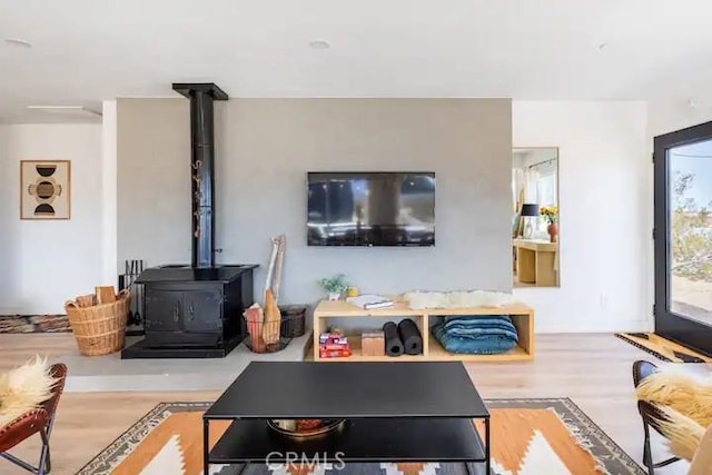 living room with a wood stove and light hardwood / wood-style floors