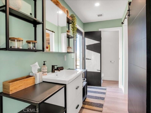 bathroom featuring vanity and hardwood / wood-style flooring