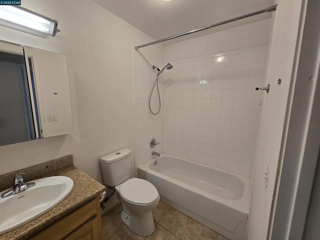 full bathroom featuring shower / tub combination, vanity, toilet, and tile patterned floors