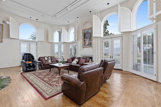 living room featuring a high ceiling and rail lighting