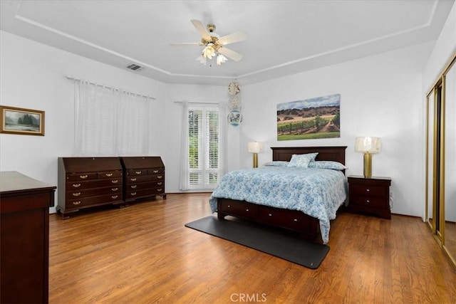 bedroom with hardwood / wood-style flooring, ceiling fan, and a tray ceiling