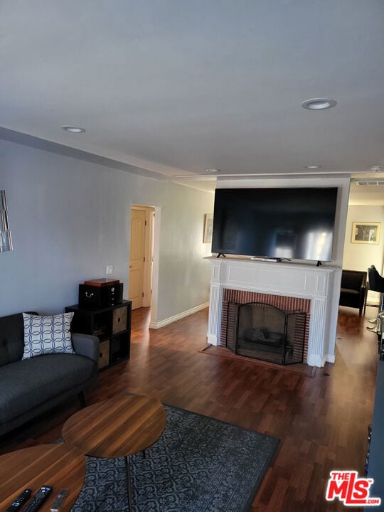 living room featuring dark hardwood / wood-style floors and a fireplace