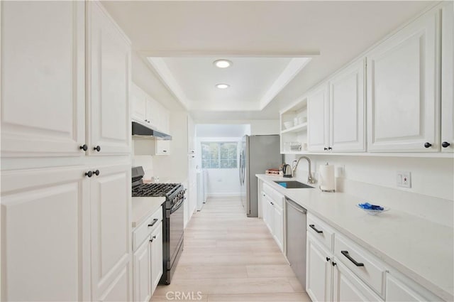 kitchen featuring stainless steel appliances, a raised ceiling, sink, and white cabinets