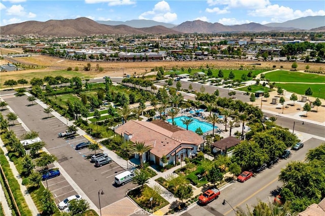 drone / aerial view featuring a mountain view