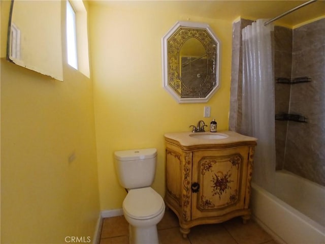 bathroom with baseboards, toilet, tile patterned floors, shower / bathtub combination with curtain, and vanity