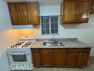 kitchen featuring sink, ventilation hood, and white gas range oven