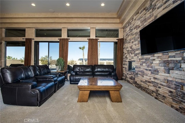 living room featuring light carpet and a healthy amount of sunlight