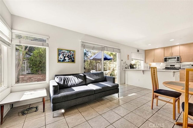 tiled living room with sink