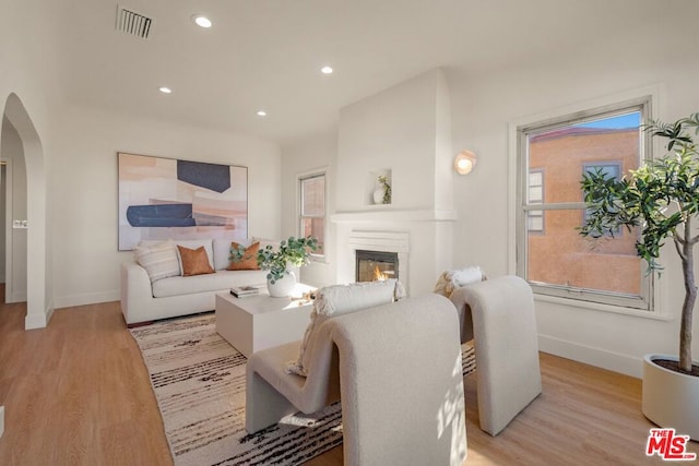 living room with a large fireplace and light wood-type flooring