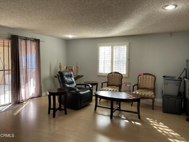 living area with a textured ceiling, light wood finished floors, and baseboards