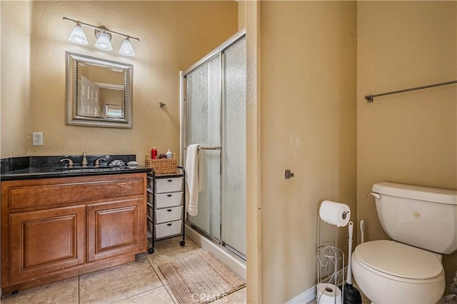 bathroom with vanity, an enclosed shower, tile patterned floors, and toilet