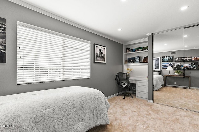 carpeted bedroom with crown molding