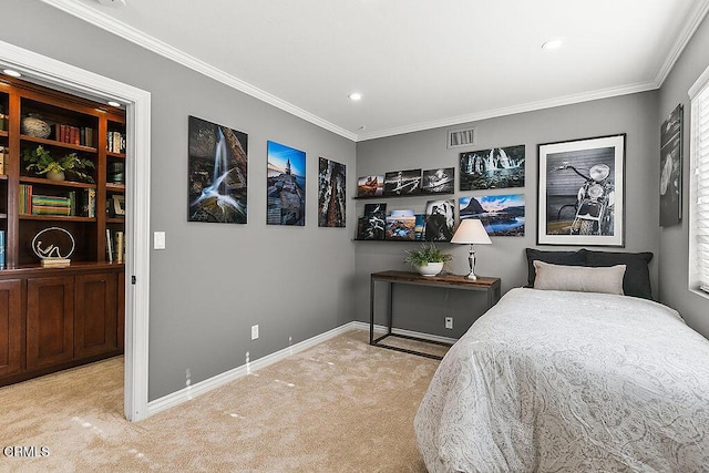 carpeted bedroom featuring crown molding