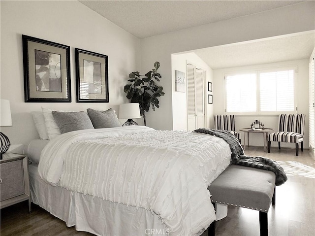 bedroom featuring dark hardwood / wood-style floors, vaulted ceiling, and a textured ceiling