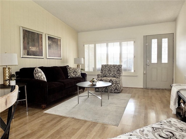 living room with lofted ceiling and light hardwood / wood-style flooring