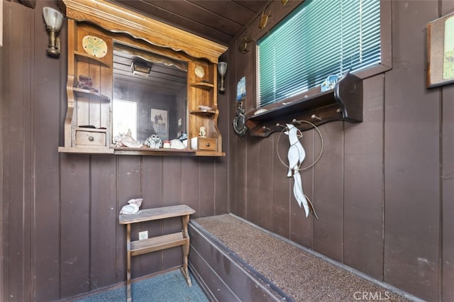 bathroom featuring wood ceiling and wood walls