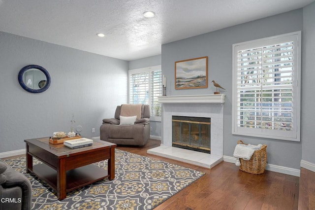 living room with hardwood / wood-style floors and a textured ceiling