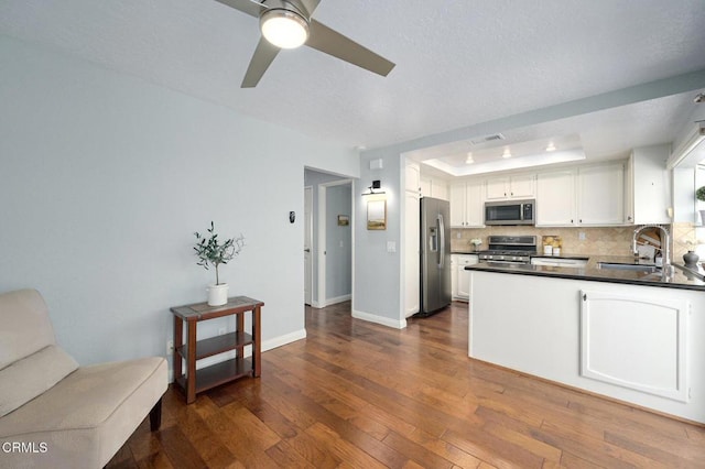 kitchen with sink, stainless steel appliances, a tray ceiling, white cabinets, and decorative backsplash