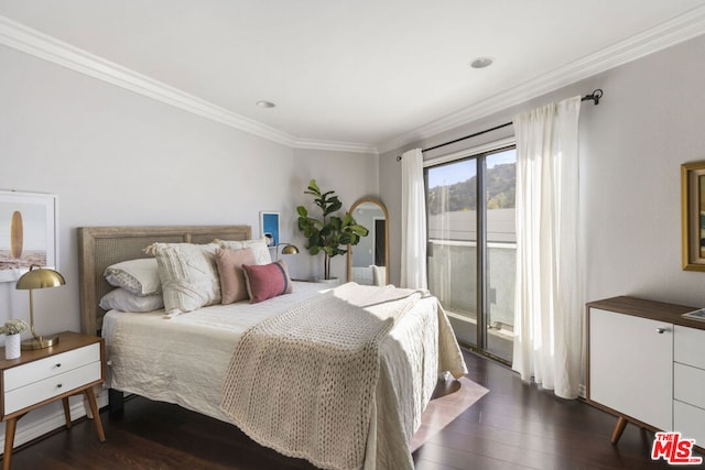 bedroom with ornamental molding, dark hardwood / wood-style floors, and access to outside