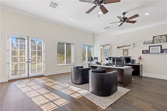 office area with dark wood-type flooring, ornamental molding, and french doors