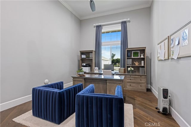 office space with ornamental molding and dark hardwood / wood-style flooring