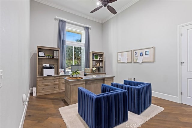 home office with crown molding, ceiling fan, and dark hardwood / wood-style flooring