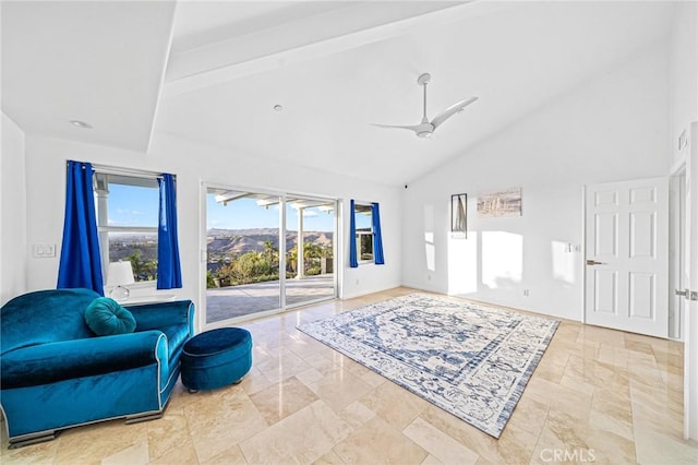 sitting room featuring beam ceiling, high vaulted ceiling, and ceiling fan