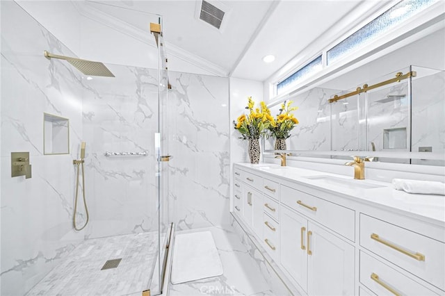 bathroom featuring walk in shower, ornamental molding, and vanity