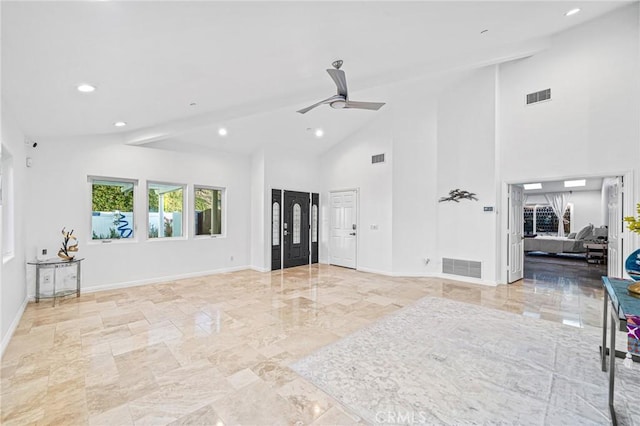 living room with ceiling fan, beam ceiling, and high vaulted ceiling