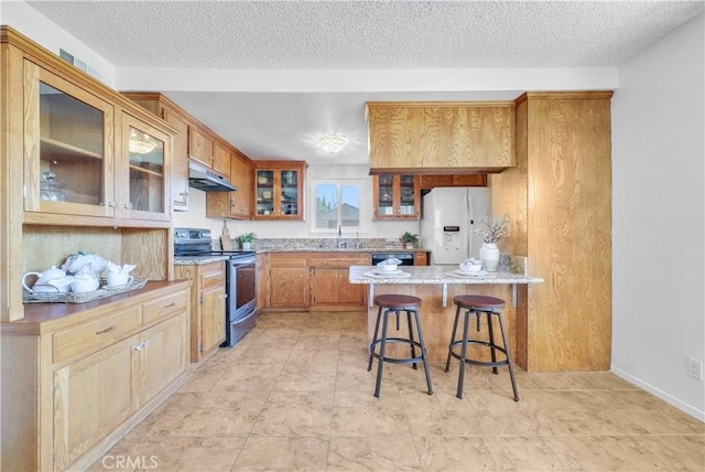 kitchen with under cabinet range hood, a breakfast bar, a peninsula, white fridge with ice dispenser, and electric range