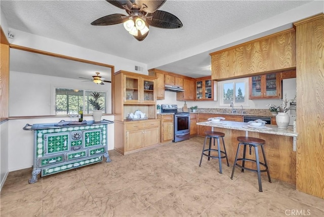 kitchen with a peninsula, stainless steel range with electric cooktop, glass insert cabinets, under cabinet range hood, and brown cabinets