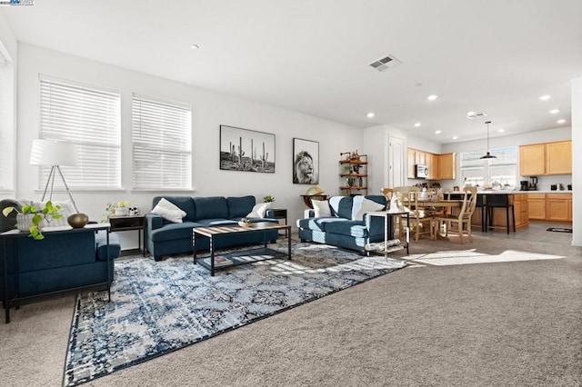 living room with light carpet