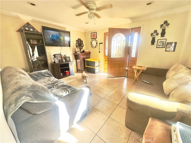 tiled living room featuring crown molding and ceiling fan