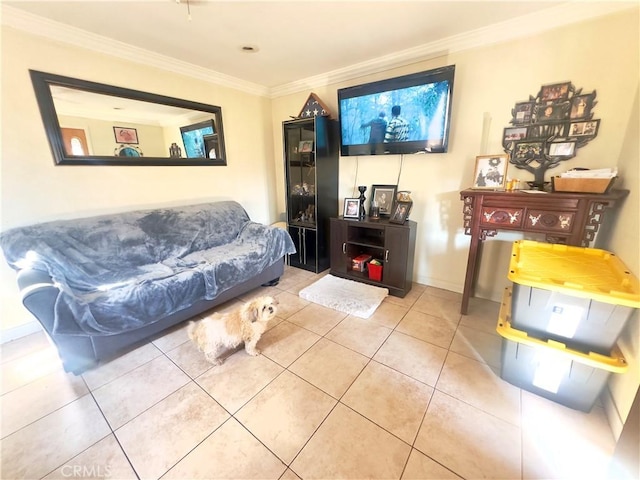 tiled living room with ornamental molding