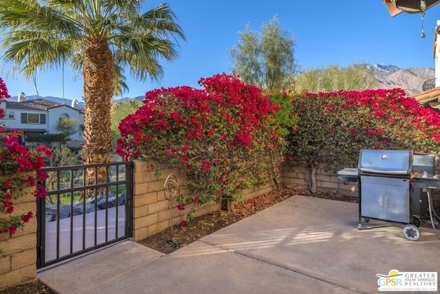 view of patio / terrace with a mountain view and a grill