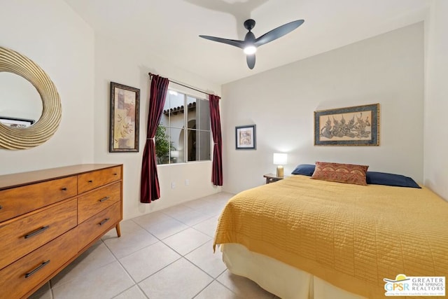 bedroom featuring light tile patterned flooring and ceiling fan