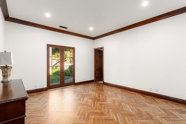 unfurnished room featuring french doors, ornamental molding, and light parquet flooring