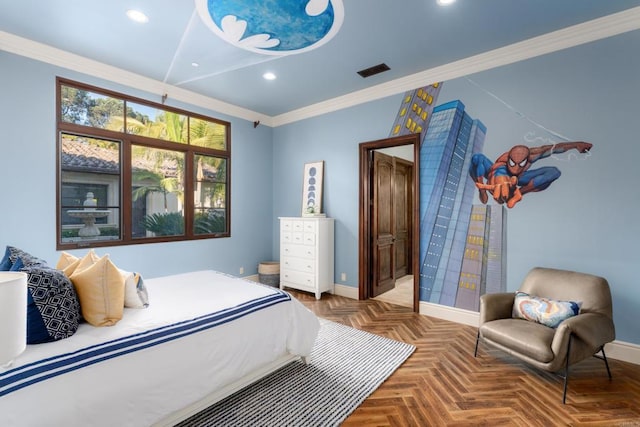 bedroom with crown molding and parquet flooring