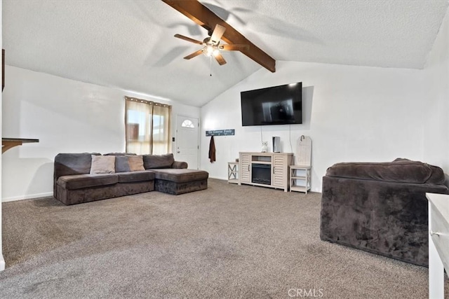 living room featuring a fireplace, lofted ceiling with beams, carpet, and a textured ceiling