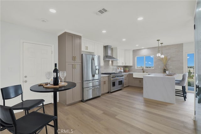 kitchen featuring stainless steel appliances, visible vents, a sink, wall chimney range hood, and light wood-type flooring