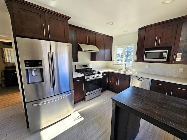 kitchen featuring tasteful backsplash, sink, stainless steel appliances, and dark brown cabinetry