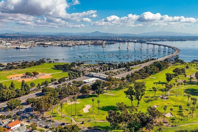 aerial view with a water and mountain view