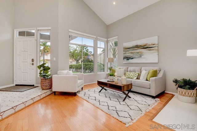 living room with hardwood / wood-style floors and high vaulted ceiling