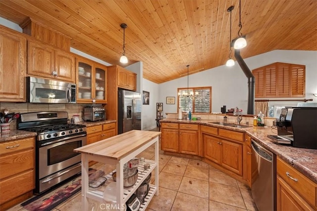 kitchen with sink, vaulted ceiling, hanging light fixtures, and appliances with stainless steel finishes